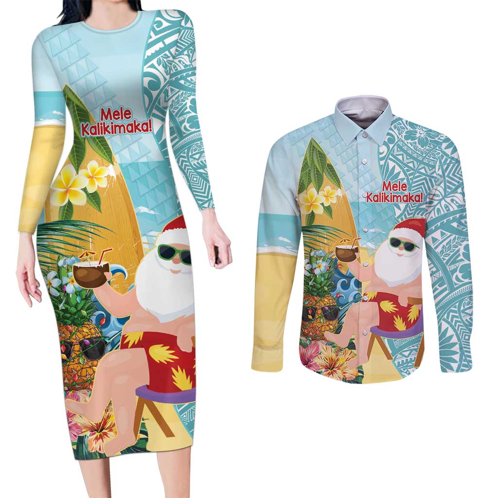 Aloha Hawaii Mele Kalikimaka Couples Matching Long Sleeve Bodycon Dress and Long Sleeve Button Shirt Chilling Santa With Pineapple - Polynesian Pattern