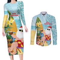 Aloha Hawaii Mele Kalikimaka Couples Matching Long Sleeve Bodycon Dress and Long Sleeve Button Shirt Chilling Santa With Pineapple - Polynesian Pattern LT14 Cyan - Polynesian Pride