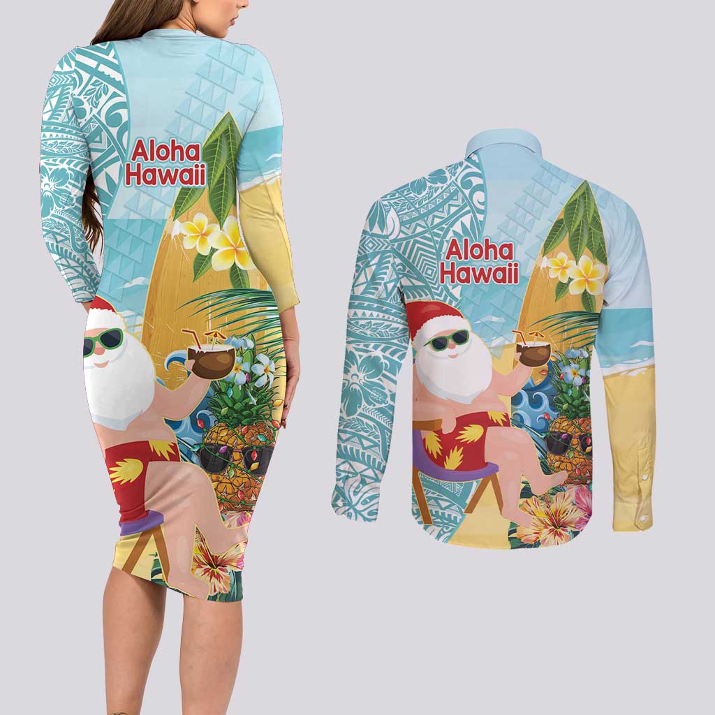 Aloha Hawaii Mele Kalikimaka Couples Matching Long Sleeve Bodycon Dress and Long Sleeve Button Shirt Chilling Santa With Pineapple - Polynesian Pattern LT14 - Polynesian Pride