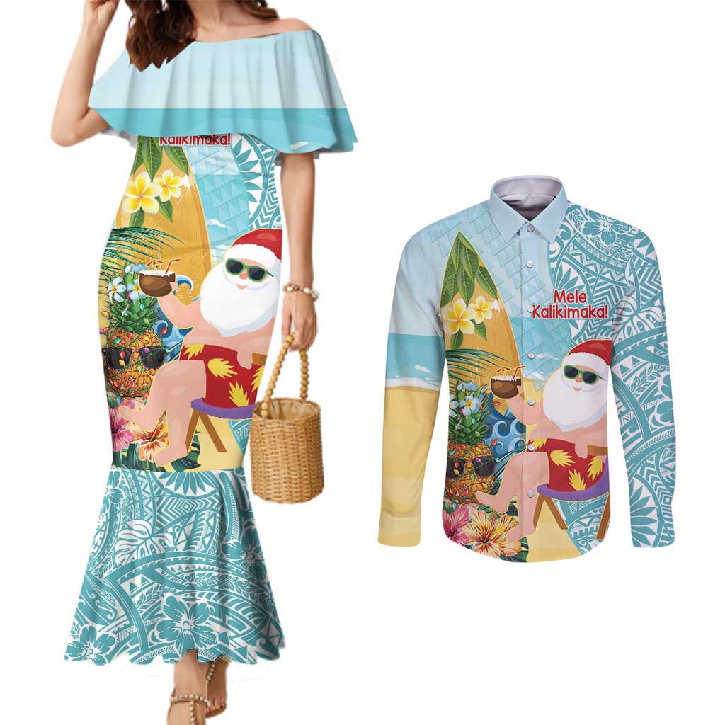 Aloha Hawaii Mele Kalikimaka Couples Matching Mermaid Dress and Long Sleeve Button Shirt Chilling Santa With Pineapple - Polynesian Pattern LT14 Cyan - Polynesian Pride