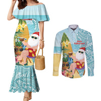 Aloha Hawaii Mele Kalikimaka Couples Matching Mermaid Dress and Long Sleeve Button Shirt Chilling Santa With Pineapple - Polynesian Pattern LT14 Cyan - Polynesian Pride