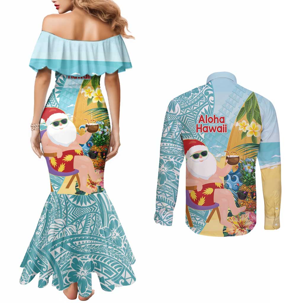 Aloha Hawaii Mele Kalikimaka Couples Matching Mermaid Dress and Long Sleeve Button Shirt Chilling Santa With Pineapple - Polynesian Pattern LT14 - Polynesian Pride