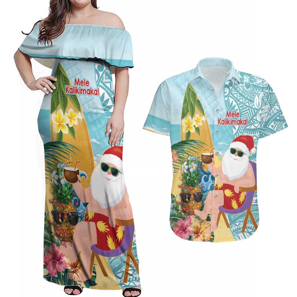 Aloha Hawaii Mele Kalikimaka Couples Matching Off Shoulder Maxi Dress and Hawaiian Shirt Chilling Santa With Pineapple - Polynesian Pattern