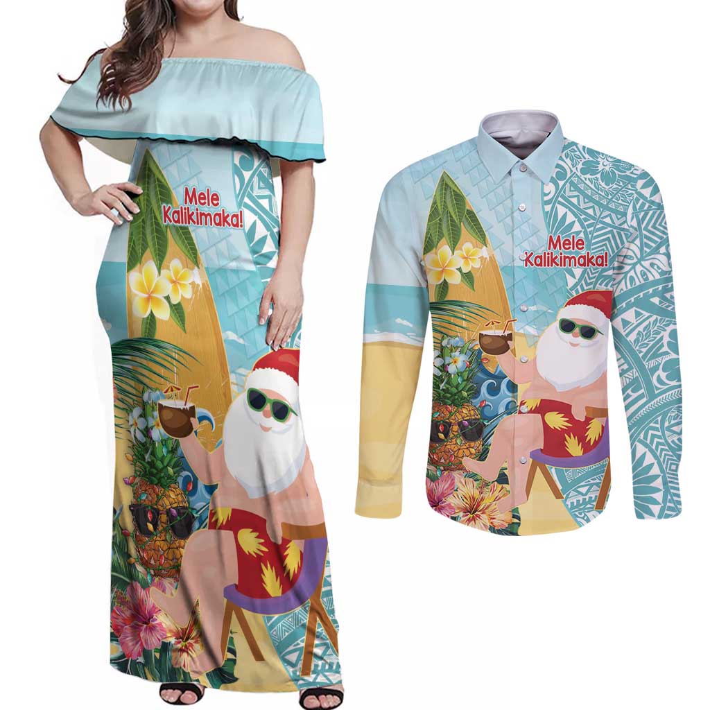 Aloha Hawaii Mele Kalikimaka Couples Matching Off Shoulder Maxi Dress and Long Sleeve Button Shirt Chilling Santa With Pineapple - Polynesian Pattern LT14 Cyan - Polynesian Pride