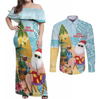 Aloha Hawaii Mele Kalikimaka Couples Matching Off Shoulder Maxi Dress and Long Sleeve Button Shirt Chilling Santa With Pineapple - Polynesian Pattern LT14 Cyan - Polynesian Pride