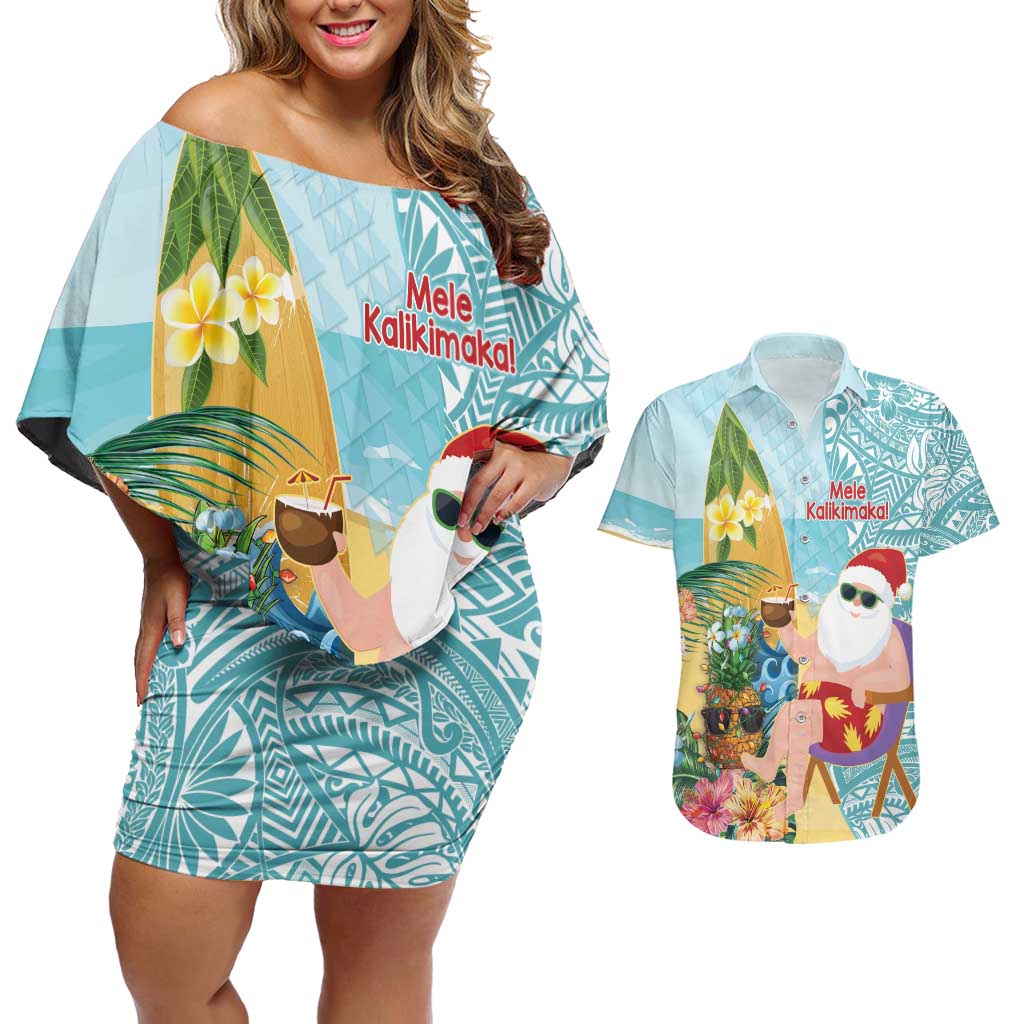 Aloha Hawaii Mele Kalikimaka Couples Matching Off Shoulder Short Dress and Hawaiian Shirt Chilling Santa With Pineapple - Polynesian Pattern