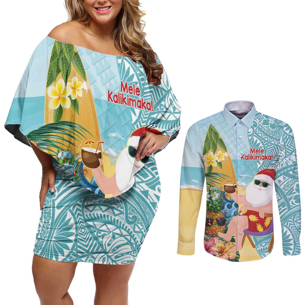 Aloha Hawaii Mele Kalikimaka Couples Matching Off Shoulder Short Dress and Long Sleeve Button Shirt Chilling Santa With Pineapple - Polynesian Pattern LT14 Cyan - Polynesian Pride