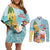 Aloha Hawaii Mele Kalikimaka Couples Matching Off Shoulder Short Dress and Long Sleeve Button Shirt Chilling Santa With Pineapple - Polynesian Pattern