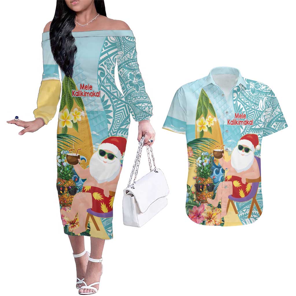 Aloha Hawaii Mele Kalikimaka Couples Matching Off The Shoulder Long Sleeve Dress and Hawaiian Shirt Chilling Santa With Pineapple - Polynesian Pattern