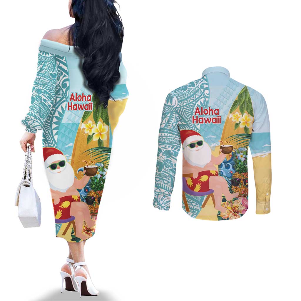Aloha Hawaii Mele Kalikimaka Couples Matching Off The Shoulder Long Sleeve Dress and Long Sleeve Button Shirt Chilling Santa With Pineapple - Polynesian Pattern LT14 - Polynesian Pride