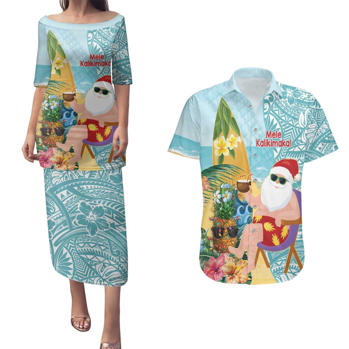 Aloha Hawaii Mele Kalikimaka Couples Matching Puletasi and Hawaiian Shirt Chilling Santa With Pineapple - Polynesian Pattern LT14 Cyan - Polynesian Pride