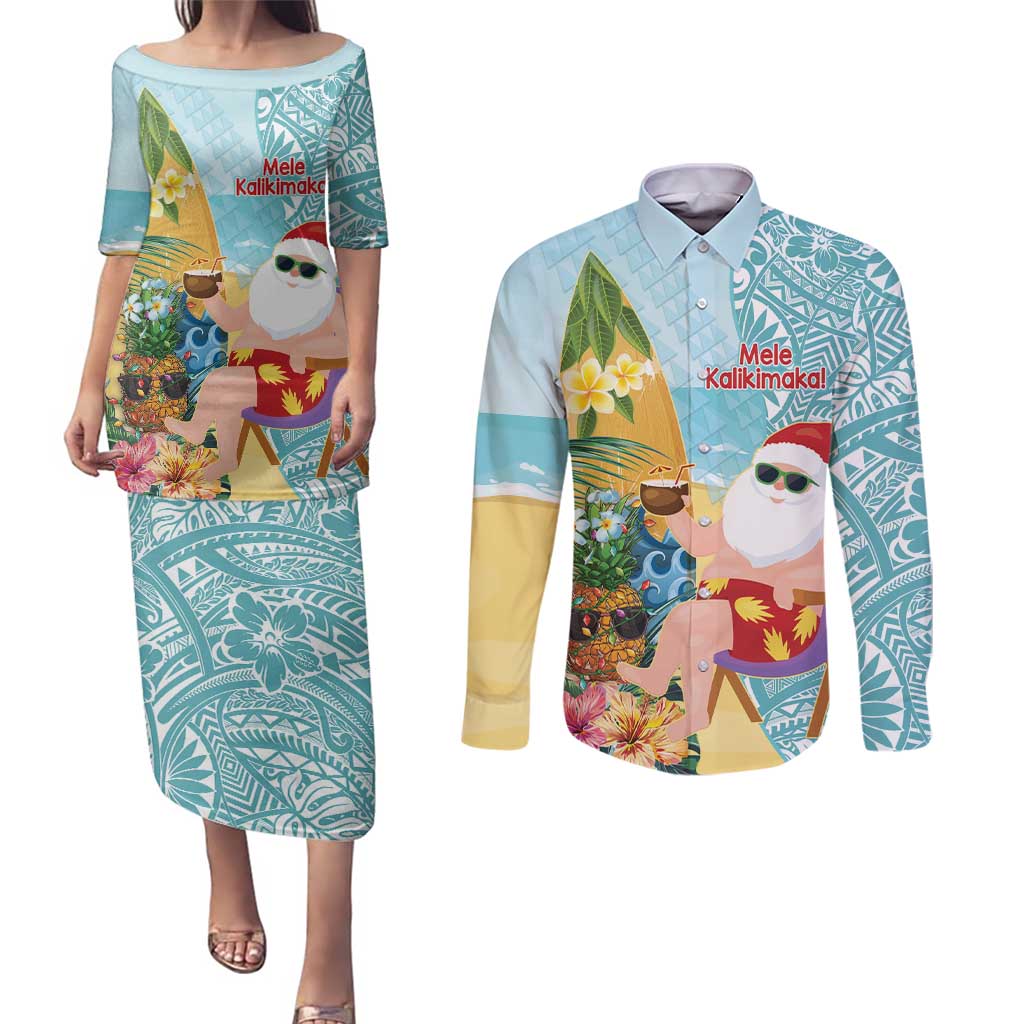 Aloha Hawaii Mele Kalikimaka Couples Matching Puletasi and Long Sleeve Button Shirt Chilling Santa With Pineapple - Polynesian Pattern