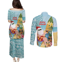 Aloha Hawaii Mele Kalikimaka Couples Matching Puletasi and Long Sleeve Button Shirt Chilling Santa With Pineapple - Polynesian Pattern LT14 - Polynesian Pride
