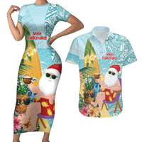 Aloha Hawaii Mele Kalikimaka Couples Matching Short Sleeve Bodycon Dress and Hawaiian Shirt Chilling Santa With Pineapple - Polynesian Pattern