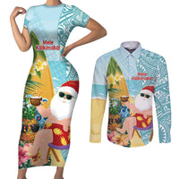 Aloha Hawaii Mele Kalikimaka Couples Matching Short Sleeve Bodycon Dress and Long Sleeve Button Shirt Chilling Santa With Pineapple - Polynesian Pattern LT14 Cyan - Polynesian Pride