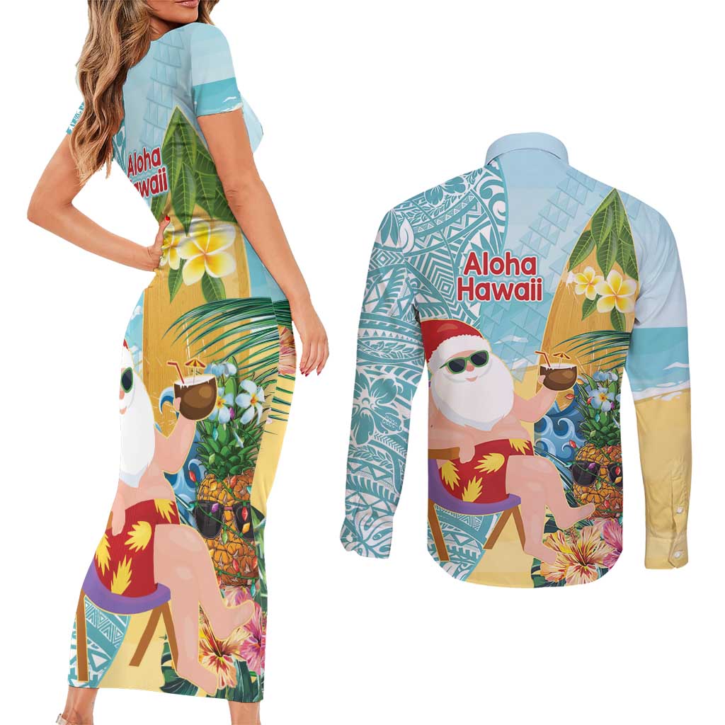 Aloha Hawaii Mele Kalikimaka Couples Matching Short Sleeve Bodycon Dress and Long Sleeve Button Shirt Chilling Santa With Pineapple - Polynesian Pattern LT14 - Polynesian Pride
