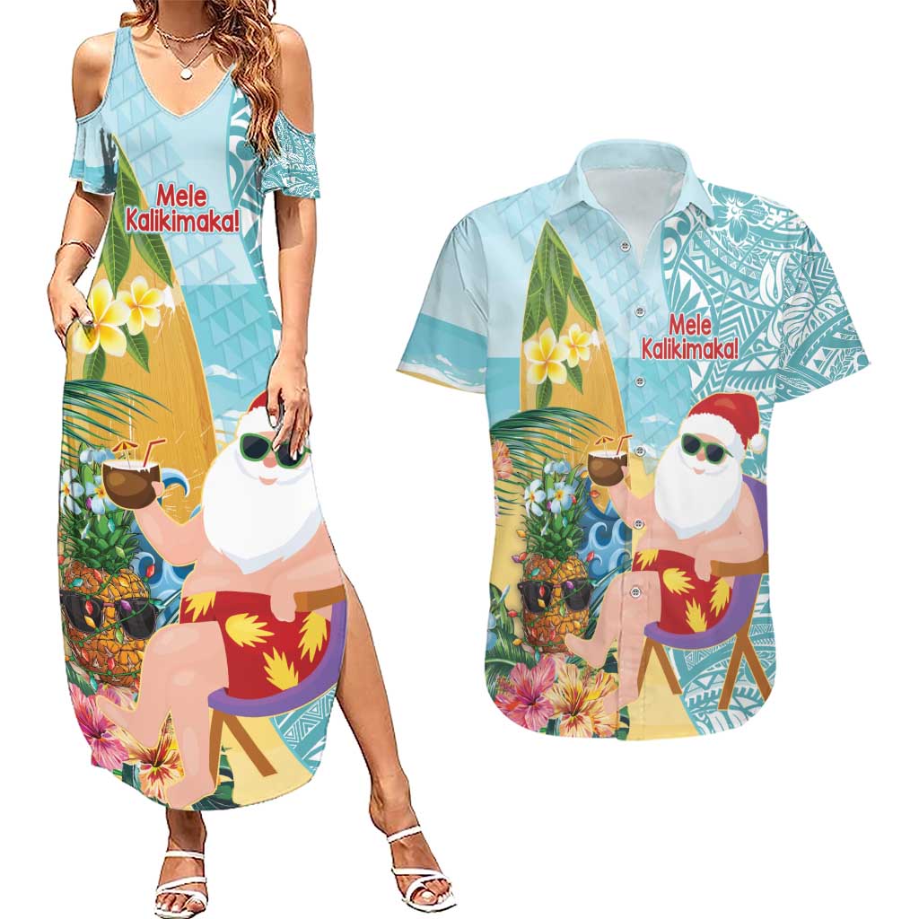 Aloha Hawaii Mele Kalikimaka Couples Matching Summer Maxi Dress and Hawaiian Shirt Chilling Santa With Pineapple - Polynesian Pattern