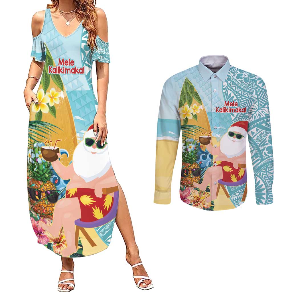 Aloha Hawaii Mele Kalikimaka Couples Matching Summer Maxi Dress and Long Sleeve Button Shirt Chilling Santa With Pineapple - Polynesian Pattern LT14 Cyan - Polynesian Pride