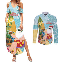 Aloha Hawaii Mele Kalikimaka Couples Matching Summer Maxi Dress and Long Sleeve Button Shirt Chilling Santa With Pineapple - Polynesian Pattern LT14 Cyan - Polynesian Pride