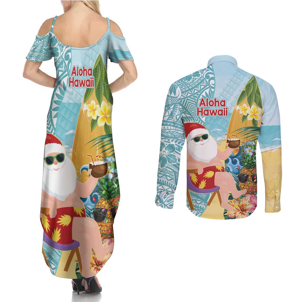 Aloha Hawaii Mele Kalikimaka Couples Matching Summer Maxi Dress and Long Sleeve Button Shirt Chilling Santa With Pineapple - Polynesian Pattern LT14 - Polynesian Pride