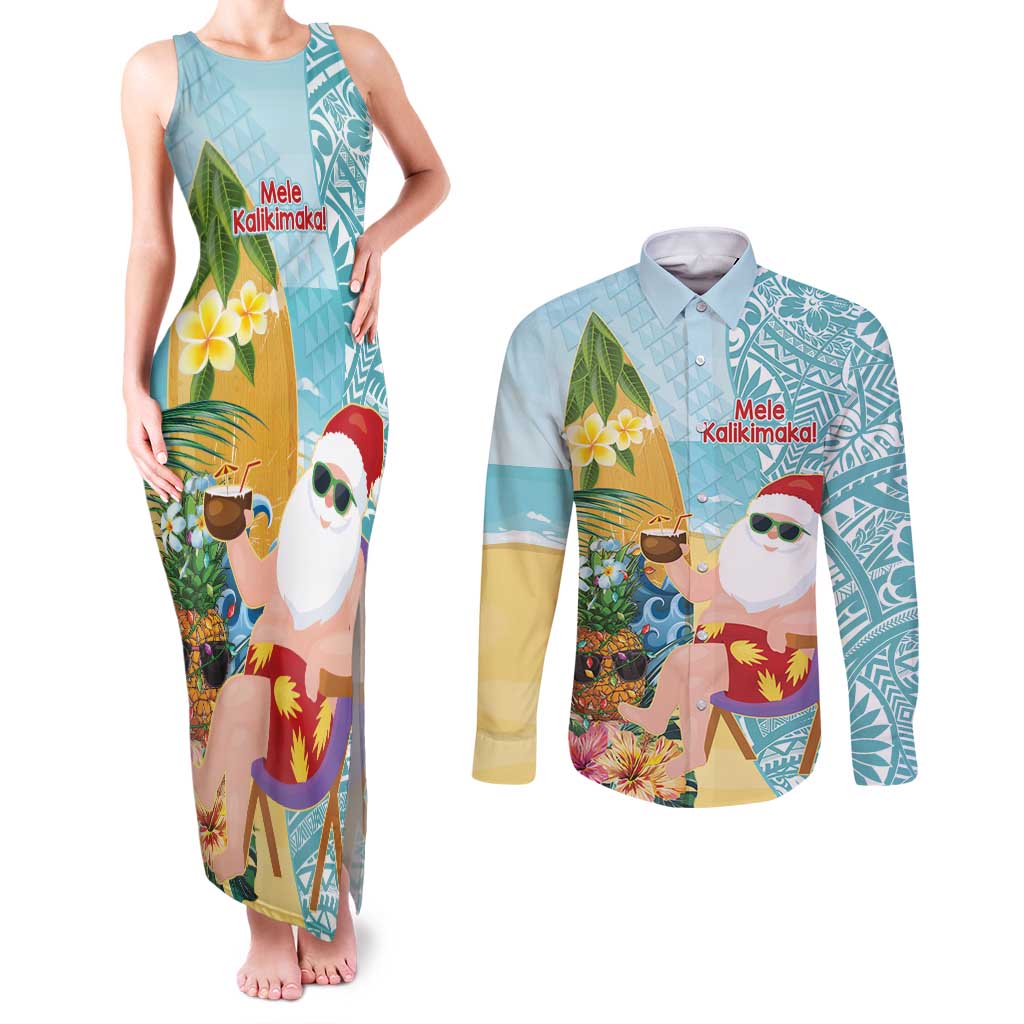 Aloha Hawaii Mele Kalikimaka Couples Matching Tank Maxi Dress and Long Sleeve Button Shirt Chilling Santa With Pineapple - Polynesian Pattern