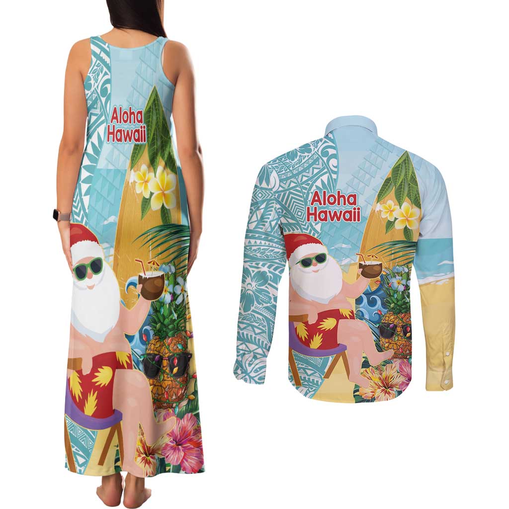 Aloha Hawaii Mele Kalikimaka Couples Matching Tank Maxi Dress and Long Sleeve Button Shirt Chilling Santa With Pineapple - Polynesian Pattern LT14 - Polynesian Pride