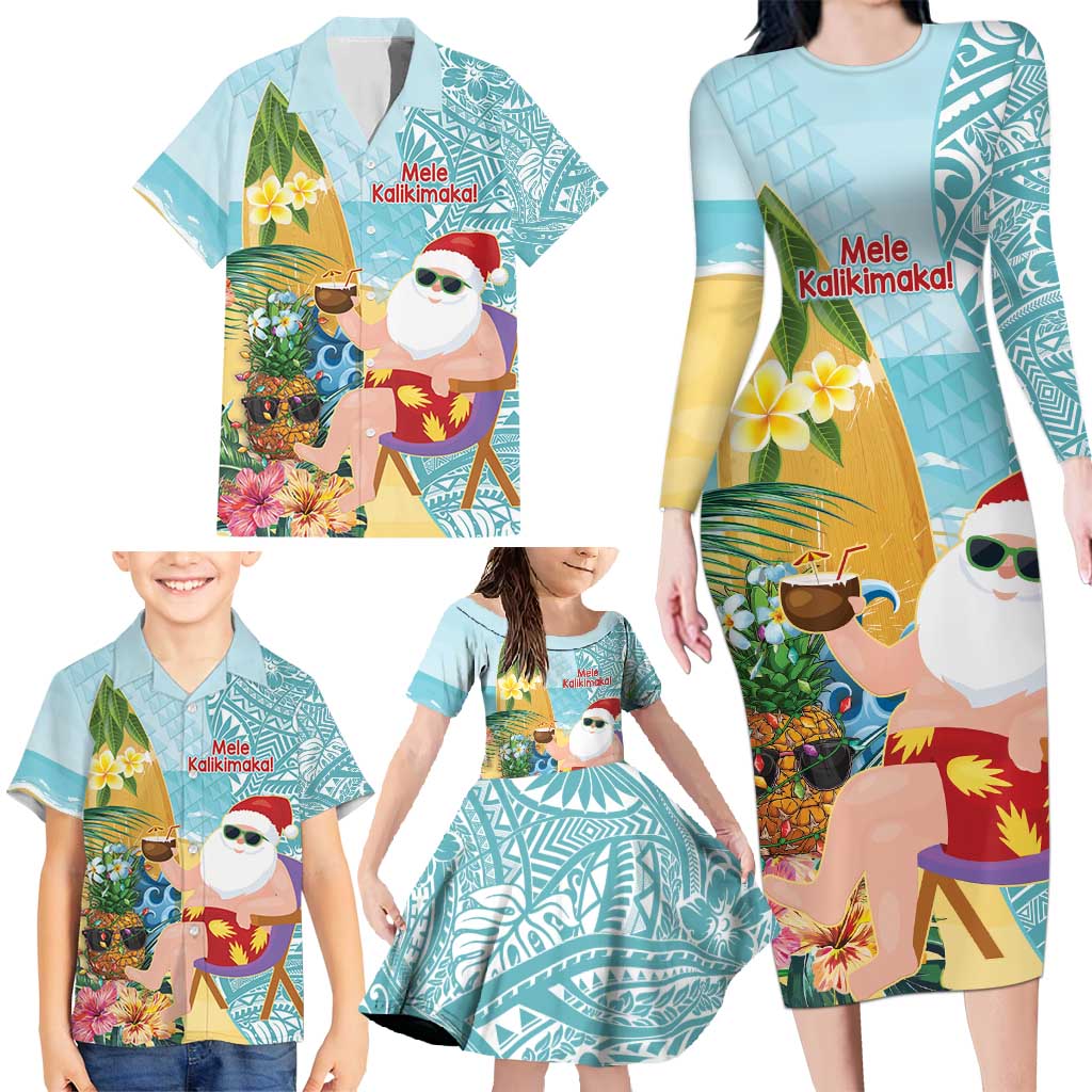 Aloha Hawaii Mele Kalikimaka Family Matching Long Sleeve Bodycon Dress and Hawaiian Shirt Chilling Santa With Pineapple - Polynesian Pattern