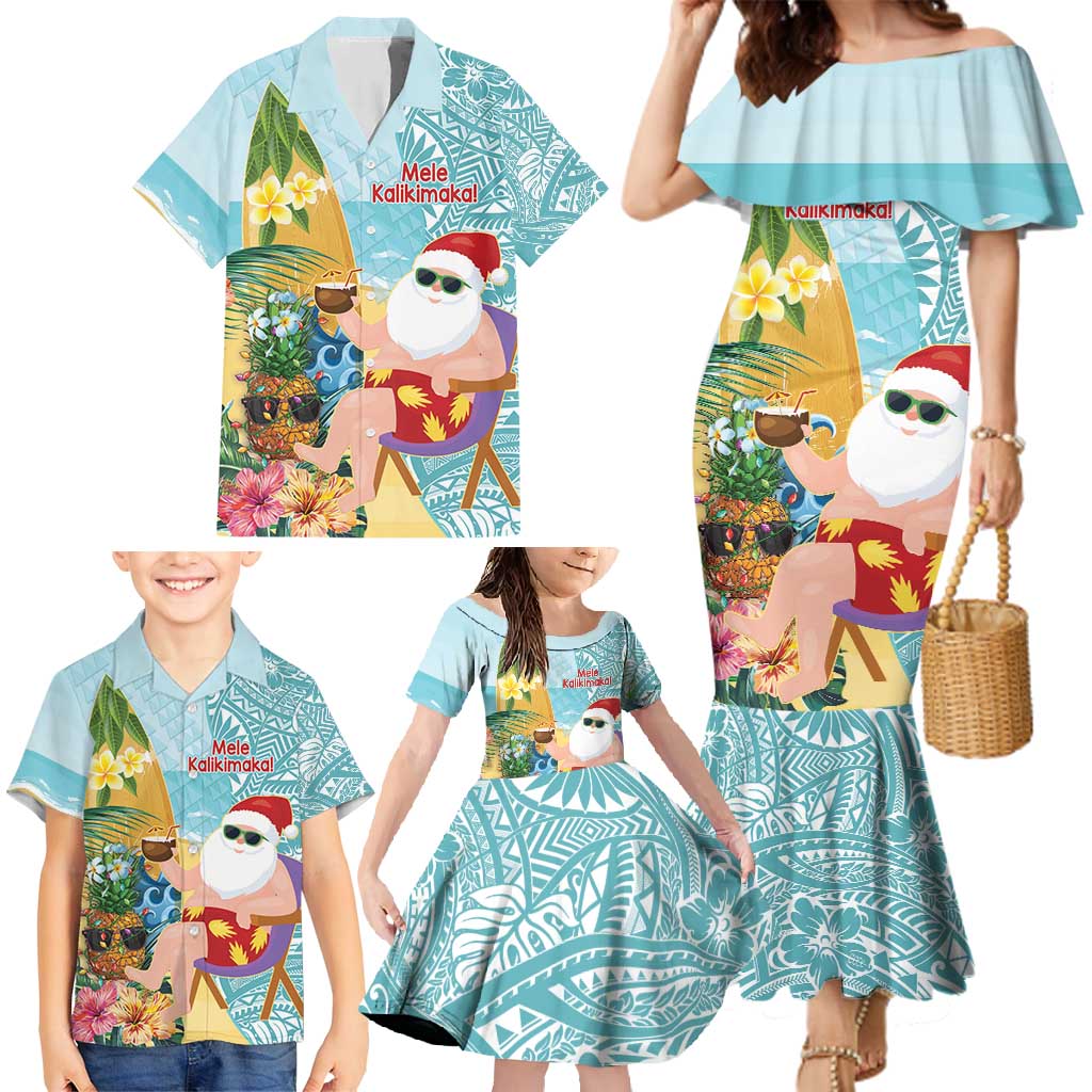 Aloha Hawaii Mele Kalikimaka Family Matching Mermaid Dress and Hawaiian Shirt Chilling Santa With Pineapple - Polynesian Pattern