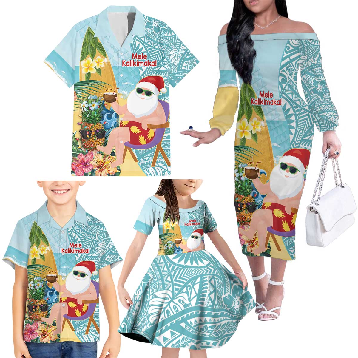 Aloha Hawaii Mele Kalikimaka Family Matching Off The Shoulder Long Sleeve Dress and Hawaiian Shirt Chilling Santa With Pineapple - Polynesian Pattern