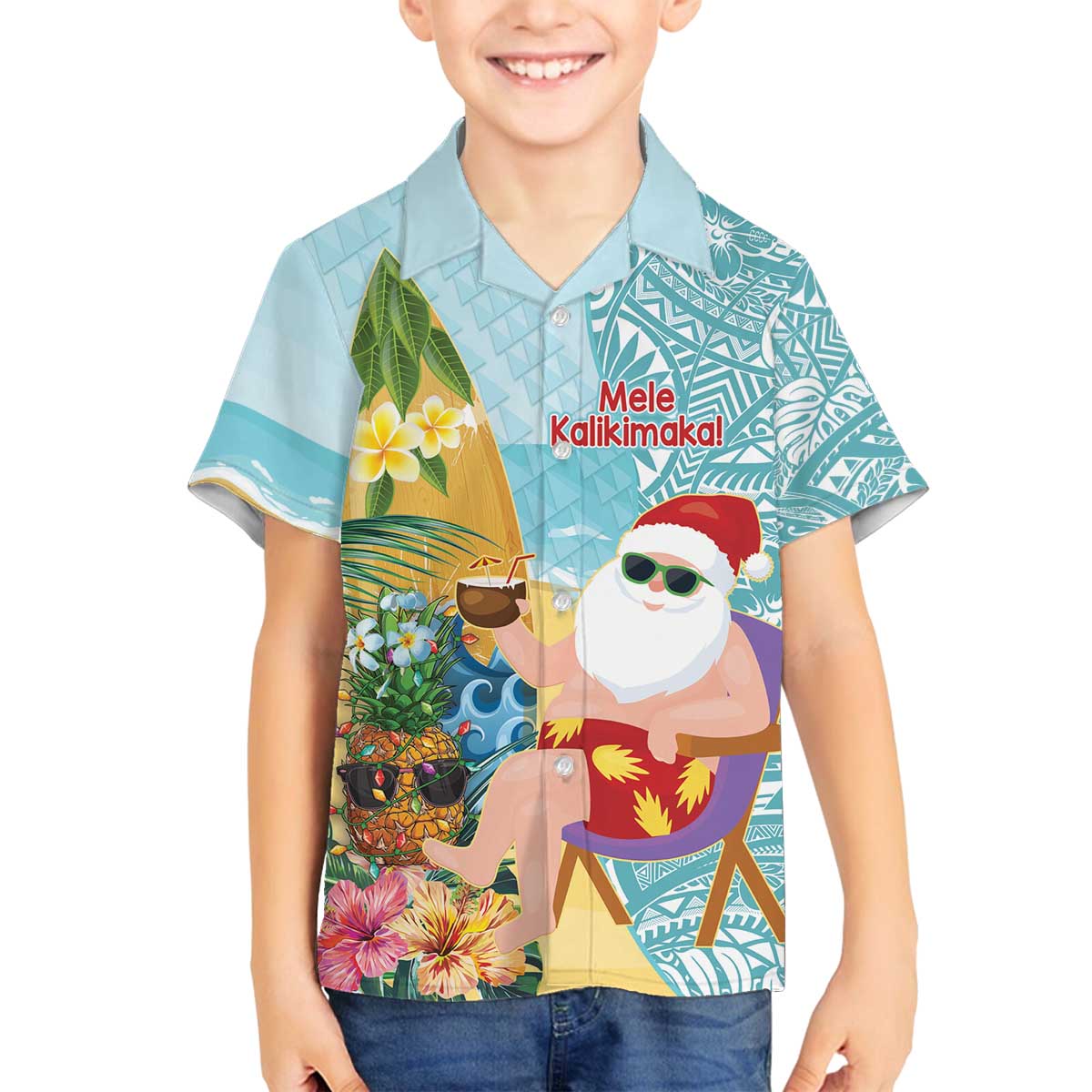 Aloha Hawaii Mele Kalikimaka Family Matching Off The Shoulder Long Sleeve Dress and Hawaiian Shirt Chilling Santa With Pineapple - Polynesian Pattern