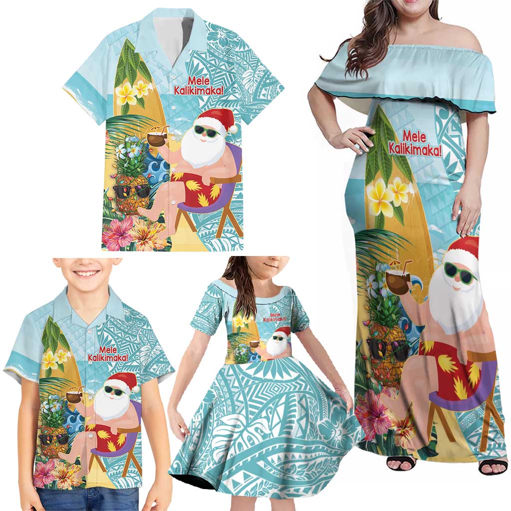 Aloha Hawaii Mele Kalikimaka Family Matching Off Shoulder Maxi Dress and Hawaiian Shirt Chilling Santa With Pineapple - Polynesian Pattern