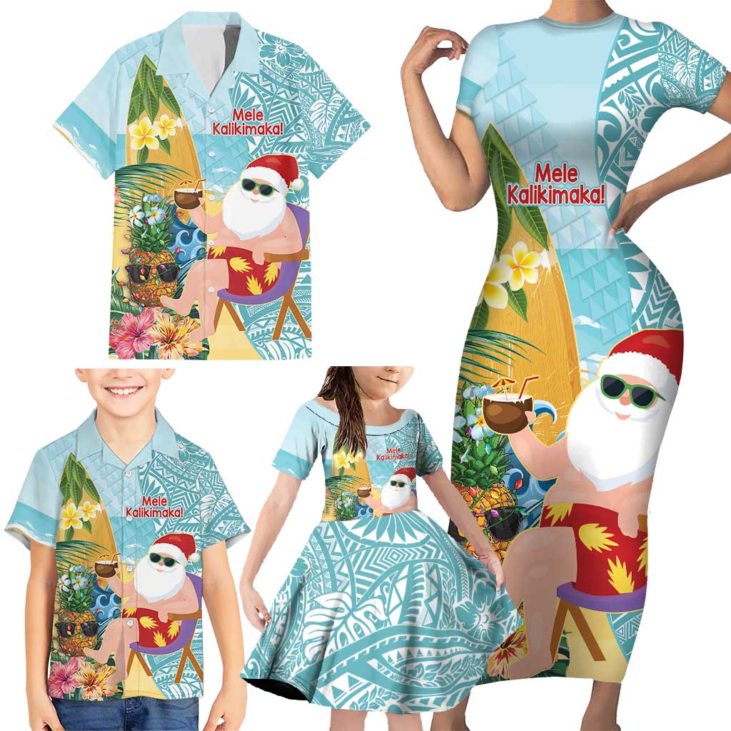 Aloha Hawaii Mele Kalikimaka Family Matching Short Sleeve Bodycon Dress and Hawaiian Shirt Chilling Santa With Pineapple - Polynesian Pattern