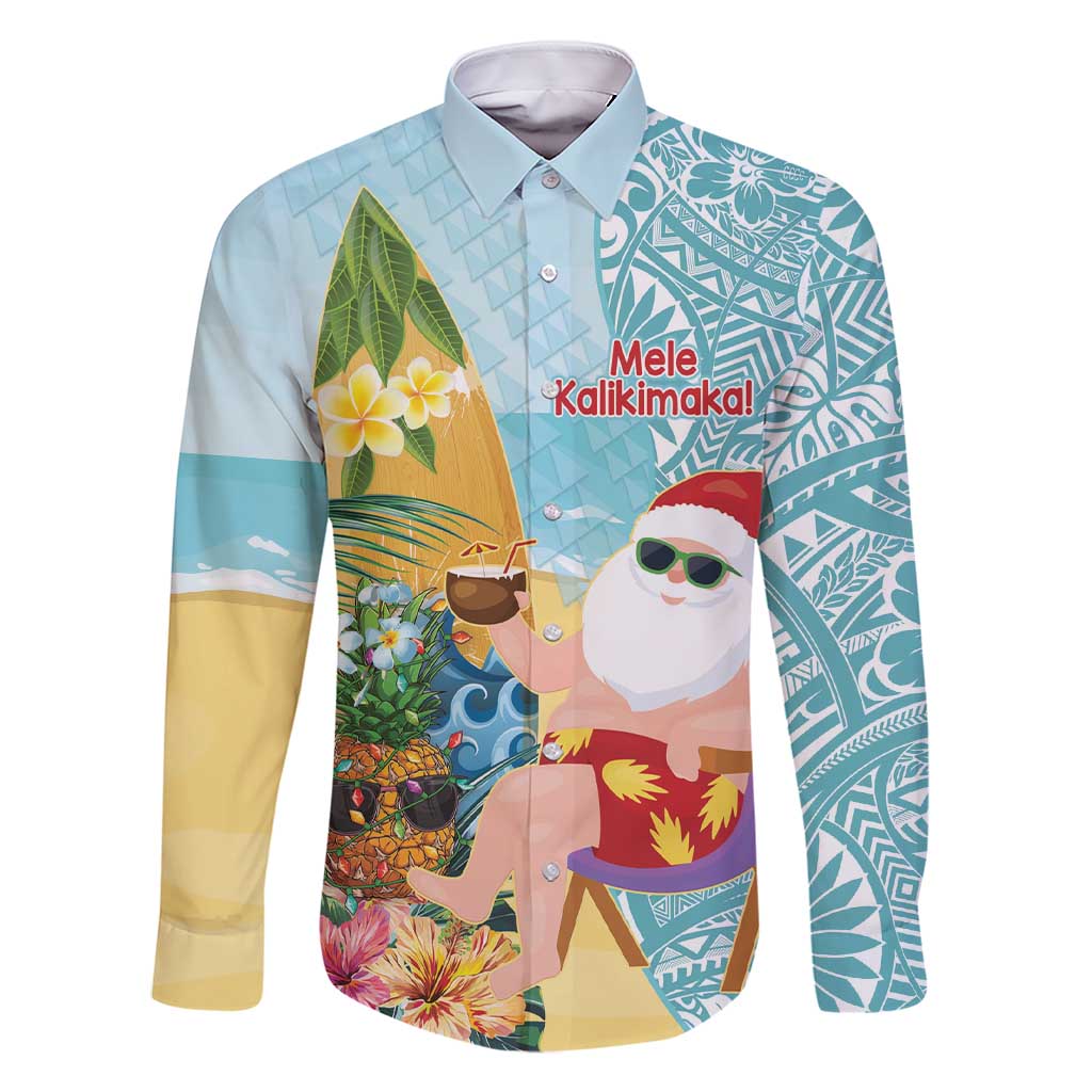 Aloha Hawaii Mele Kalikimaka Family Matching Short Sleeve Bodycon Dress and Hawaiian Shirt Chilling Santa With Pineapple - Polynesian Pattern