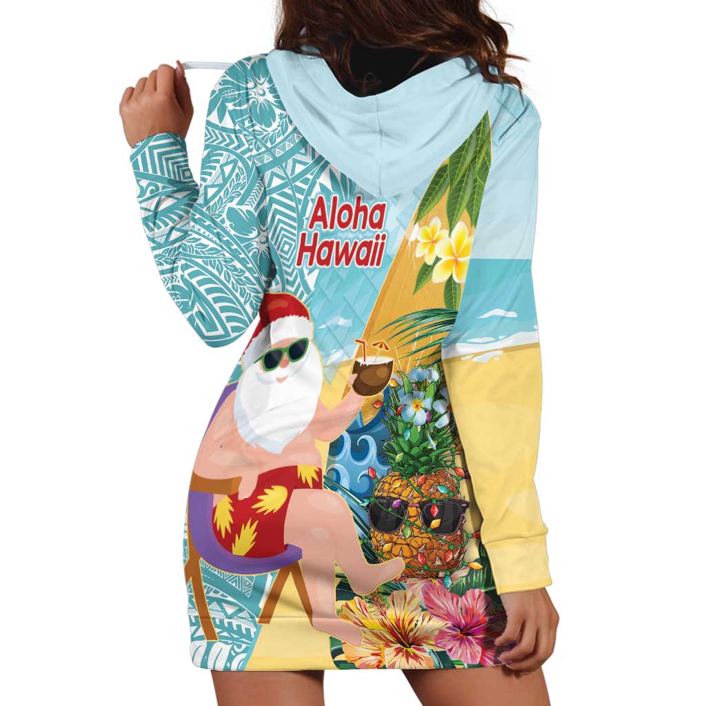 Aloha Hawaii Mele Kalikimaka Hoodie Dress Chilling Santa With Pineapple - Polynesian Pattern