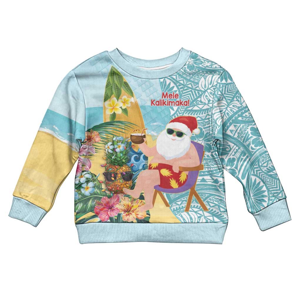 Aloha Hawaii Mele Kalikimaka Kid Ugly Christmas Sweater Chilling Santa With Pineapple - Polynesian Pattern