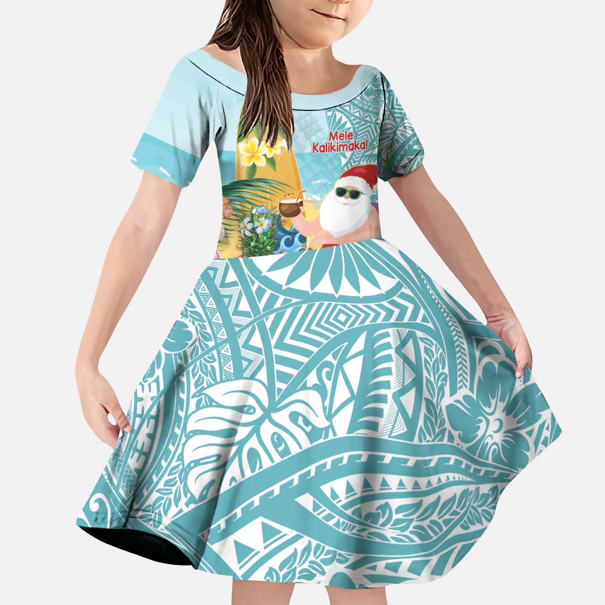 Aloha Hawaii Mele Kalikimaka Kid Short Sleeve Dress Chilling Santa With Pineapple - Polynesian Pattern