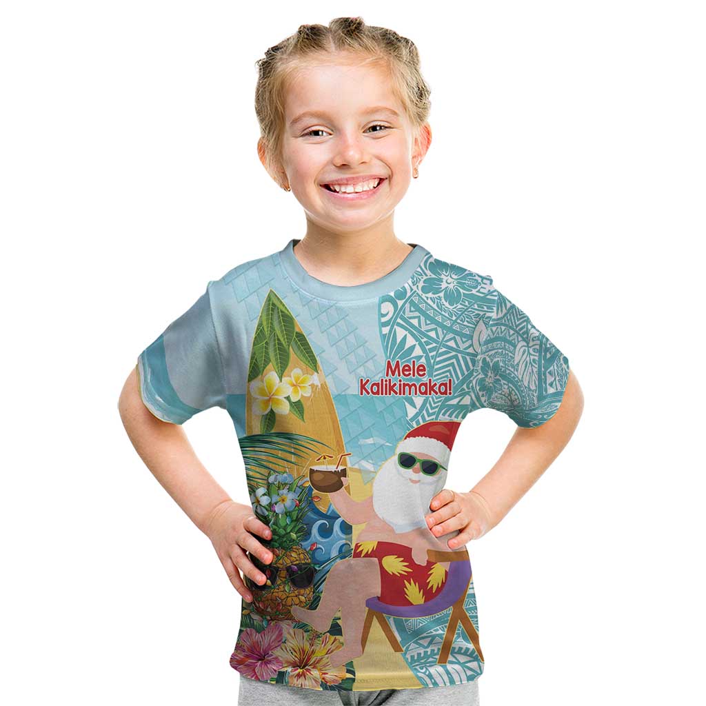 Aloha Hawaii Mele Kalikimaka Kid T Shirt Chilling Santa With Pineapple - Polynesian Pattern