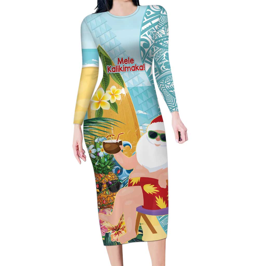 Aloha Hawaii Mele Kalikimaka Long Sleeve Bodycon Dress Chilling Santa With Pineapple - Polynesian Pattern