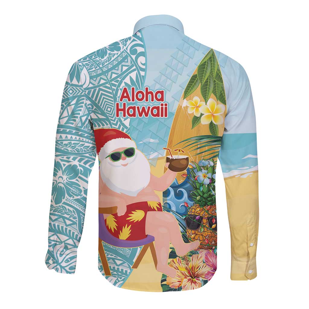 Aloha Hawaii Mele Kalikimaka Long Sleeve Button Shirt Chilling Santa With Pineapple - Polynesian Pattern