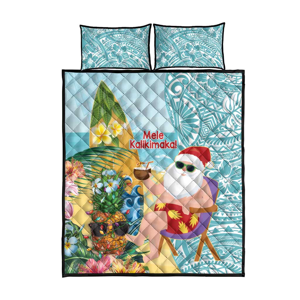 Aloha Hawaii Mele Kalikimaka Quilt Bed Set Chilling Santa With Pineapple - Polynesian Pattern