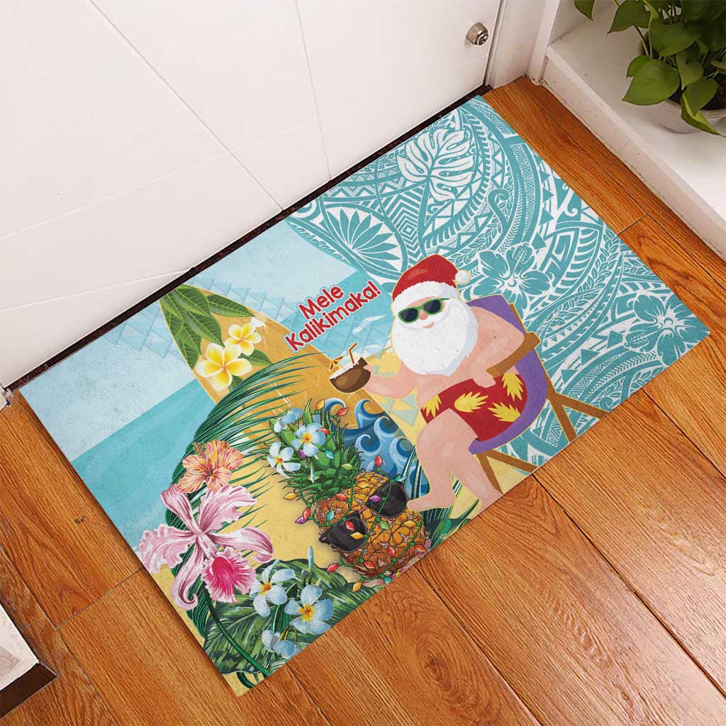 Aloha Hawaii Mele Kalikimaka Rubber Doormat Chilling Santa With Pineapple - Polynesian Pattern LT14 - Polynesian Pride