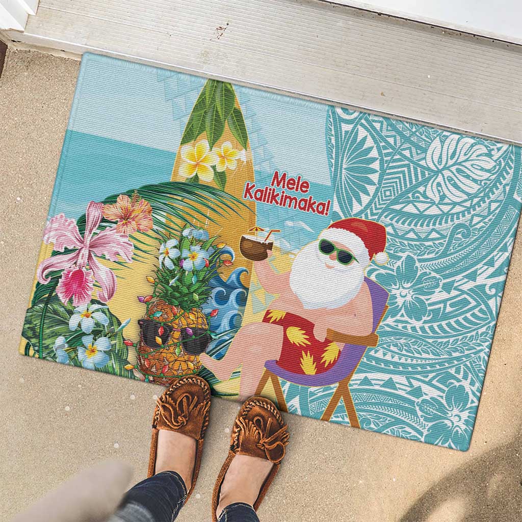 Aloha Hawaii Mele Kalikimaka Rubber Doormat Chilling Santa With Pineapple - Polynesian Pattern LT14 - Polynesian Pride