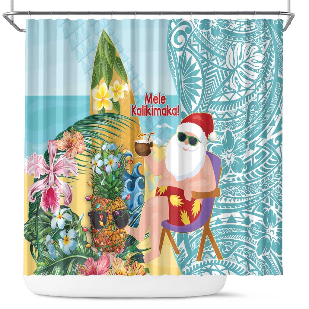 Aloha Hawaii Mele Kalikimaka Shower Curtain Chilling Santa With Pineapple - Polynesian Pattern