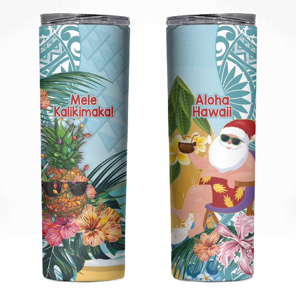 Aloha Hawaii Mele Kalikimaka Skinny Tumbler Chilling Santa With Pineapple - Polynesian Pattern