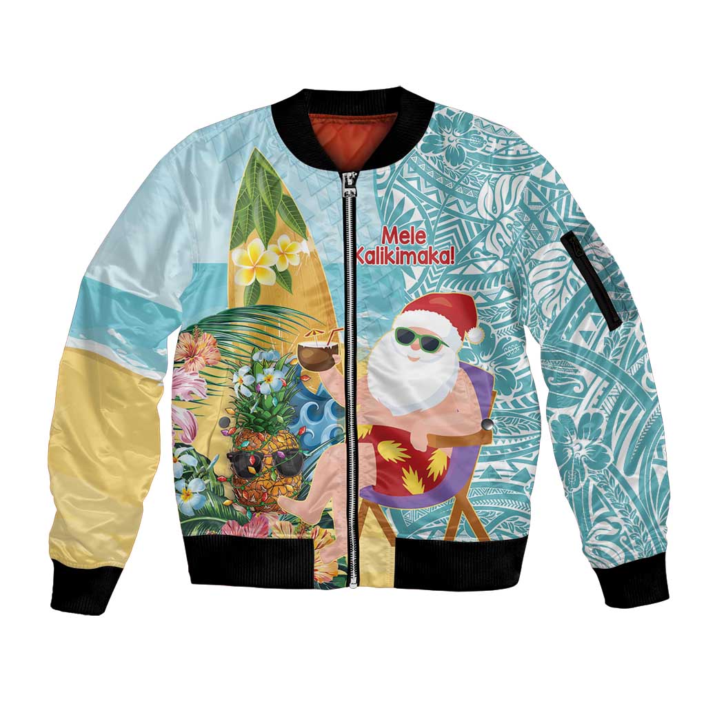 Aloha Hawaii Mele Kalikimaka Sleeve Zip Bomber Jacket Chilling Santa With Pineapple - Polynesian Pattern