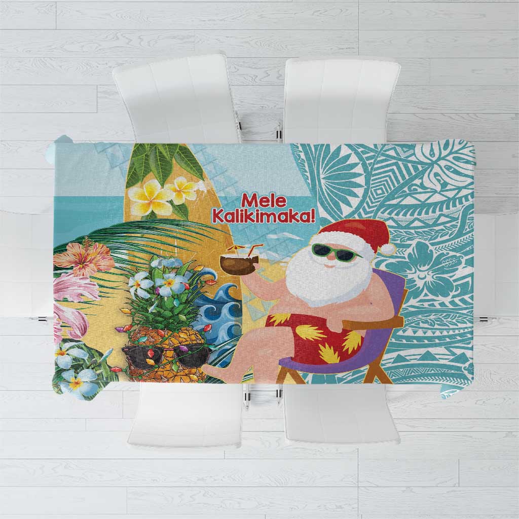 Aloha Hawaii Mele Kalikimaka Tablecloth Chilling Santa With Pineapple - Polynesian Pattern LT14 Cyan - Polynesian Pride