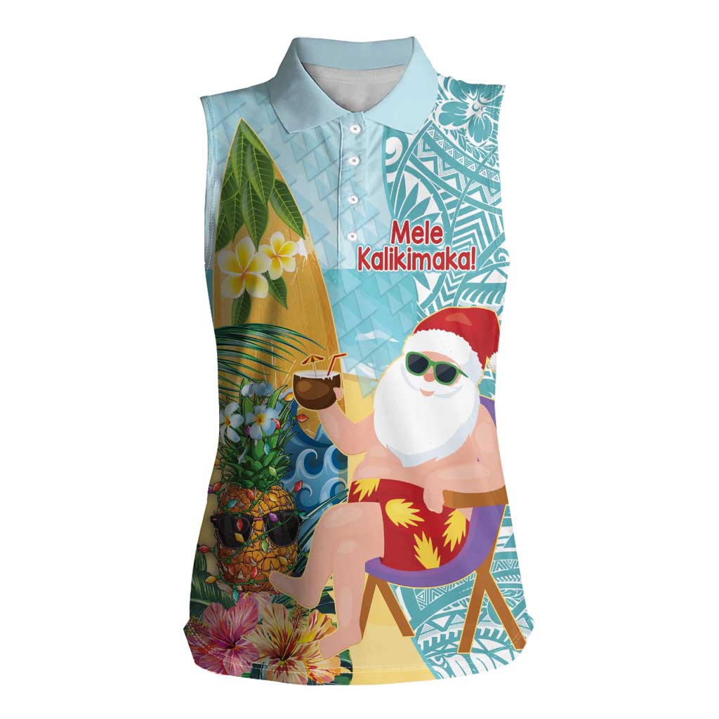 Aloha Hawaii Mele Kalikimaka Women Sleeveless Polo Shirt Chilling Santa With Pineapple - Polynesian Pattern