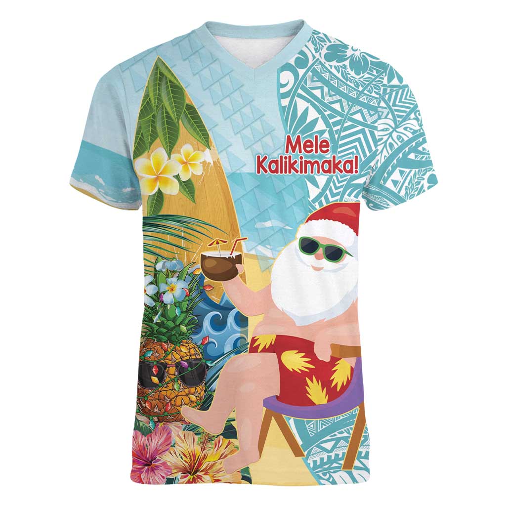 Aloha Hawaii Mele Kalikimaka Women V-Neck T-Shirt Chilling Santa With Pineapple - Polynesian Pattern LT14 Female Cyan - Polynesian Pride
