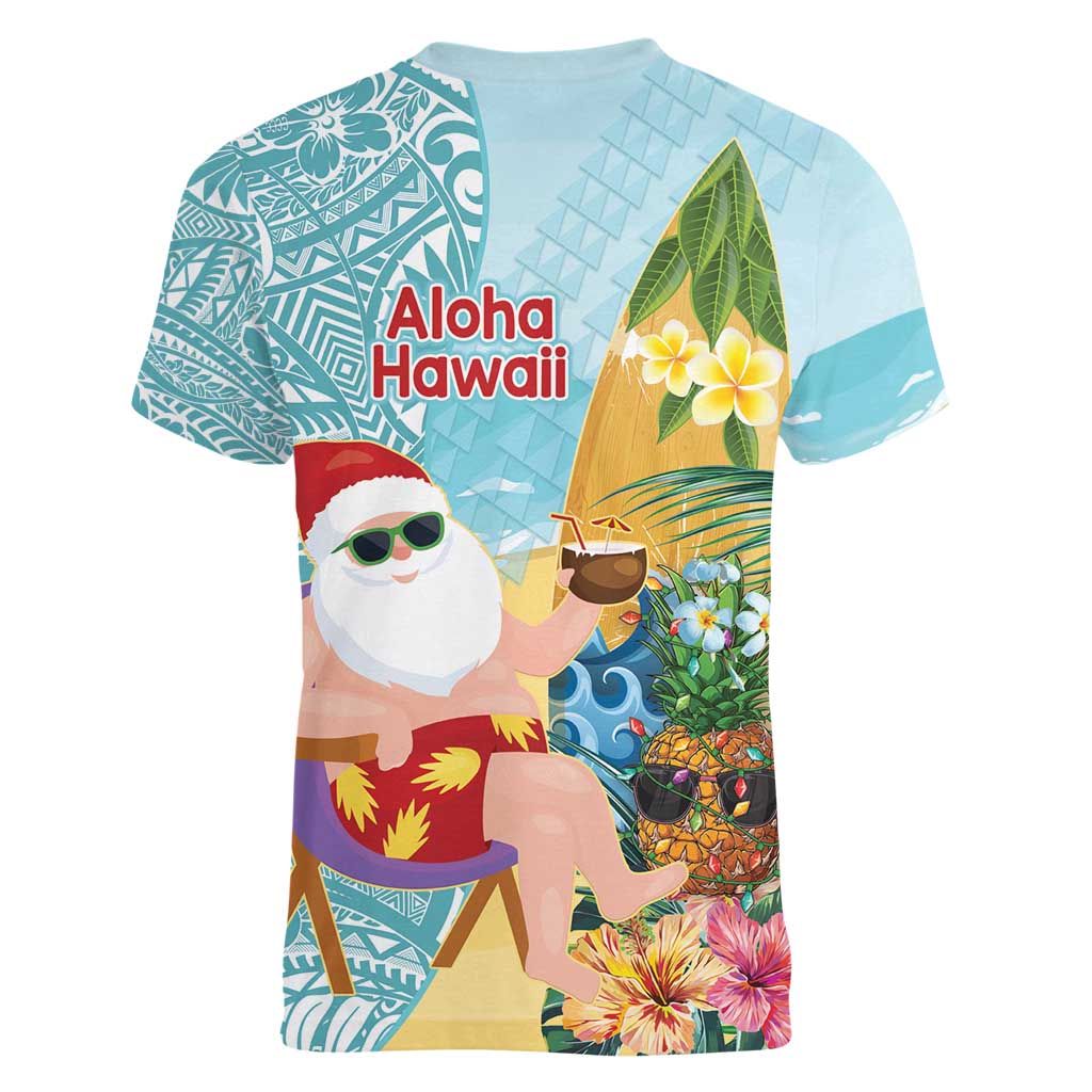 Aloha Hawaii Mele Kalikimaka Women V-Neck T-Shirt Chilling Santa With Pineapple - Polynesian Pattern LT14 - Polynesian Pride