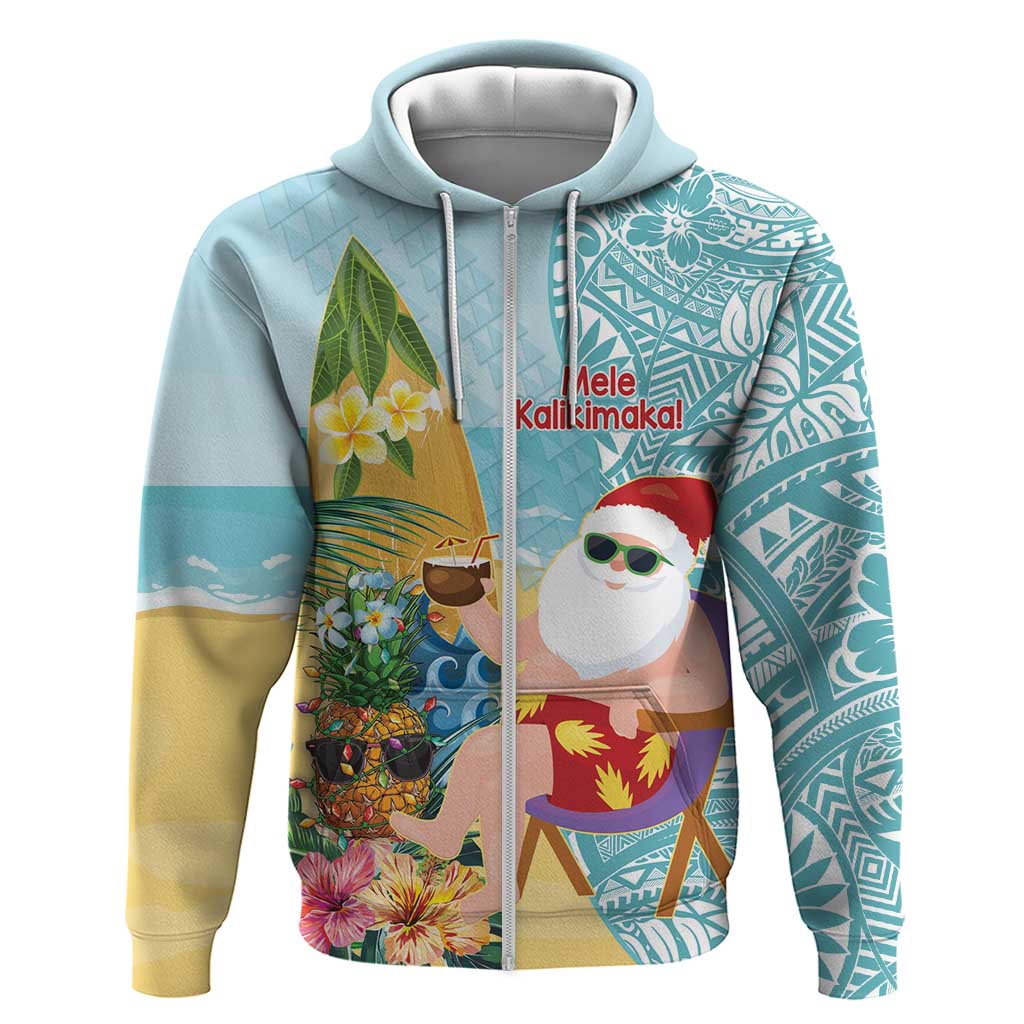 Aloha Hawaii Mele Kalikimaka Zip Hoodie Chilling Santa With Pineapple - Polynesian Pattern